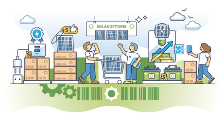 Naklejka premium Solar panel costs and green energy kit price calculation outline concept, transparent background. Buy battery, inverter and sun panels with best financial offers in shop illustration.
