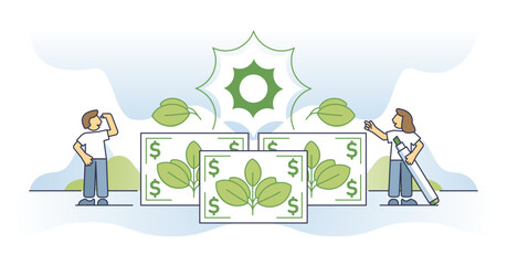 Socially responsible investing for environmental projects outline concept, transparent background. Nature friendly and green business investing illustration. Ecological project financial support.