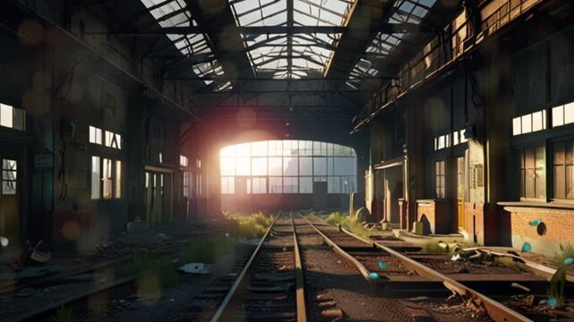 The view from inside a train station that has not been operating for a long time, there is a lot of dirt and the train tracks are damaged. Seamless 4K looping video animation generated AI
