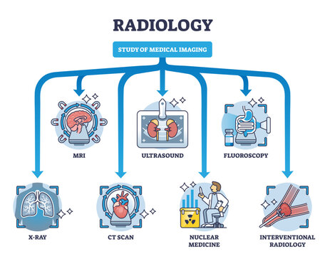 Radiology as study of medical imaging and technical division outline diagram, transparent background. Labeled educational scheme with MRI, ultrasound, fluoroscopy or x-ray for disease.