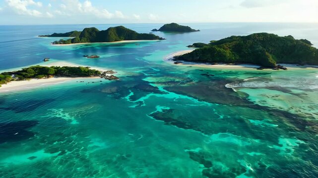 View from the dran, flight over tropical islands with green jungles and white beaches and clear blue waters.
Concept: exotic vacation and ecotourism