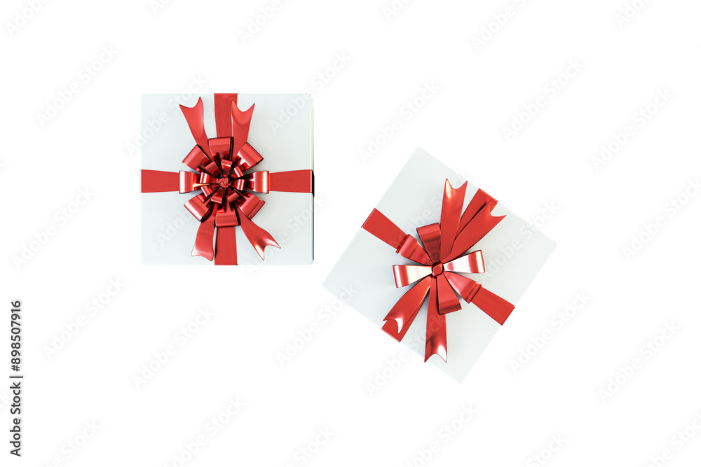 Poster two white gift boxes with red bows seen from above, placed on a white background. concept of celebra