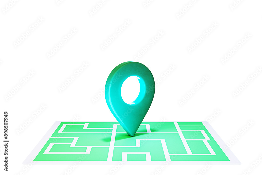 Poster 3D rendering of a turquoise geolocation pin placed on a green maze. Isolated on a white background. Concept of direction and navigation
