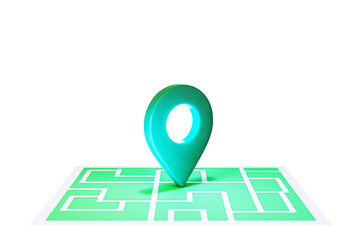 3D rendering of a turquoise geolocation pin placed on a green maze. Isolated on a white background....