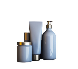 Set of various blue cosmetic containers, including a pump bottle, tube, jar, and spray, isolated on a white background. Concept of personal care products. 3D Rendering