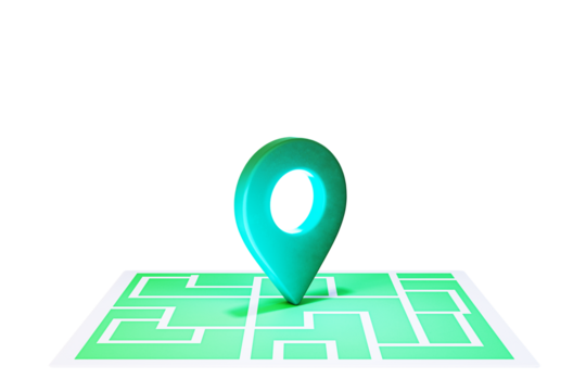 3D rendering of a turquoise geolocation pin placed on a green maze. Isolated on a white background. Concept of direction and navigation