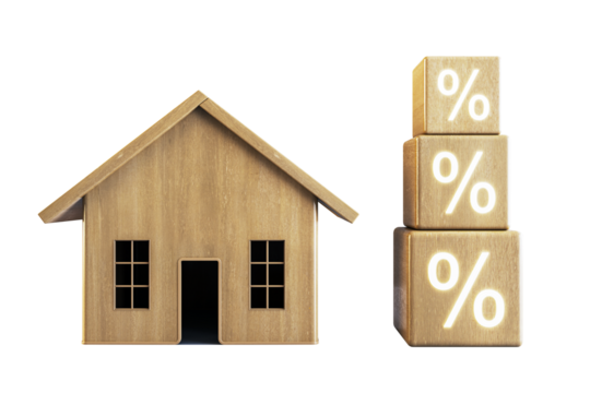Wooden house model next to stacked blocks with percentage signs on a white background. Concept of mortgage rates, real estate, and home loans. 3D Rendering