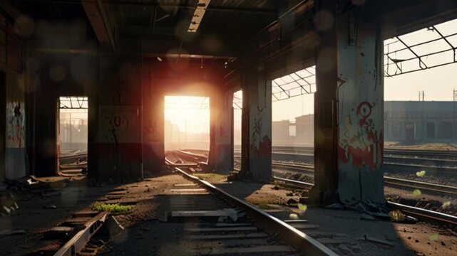 View of an old abandoned train station, some of the train tracks are damaged, there are graffiti on the walls. Seamless 4K looping video animation generated AI
