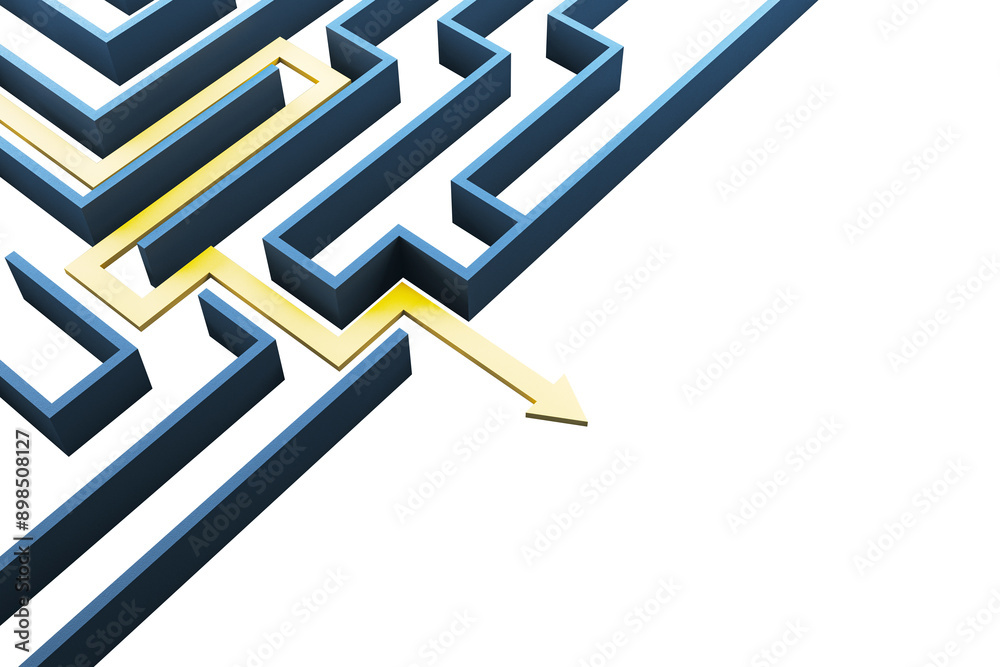Aufkleber 3D maze layout with a highlighted yellow path leading to the exit, isolated on a white background. Concept of solving problems and finding solutions. 3D Rendering