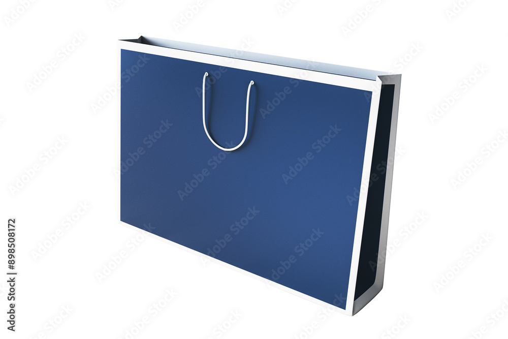 Poster blue paper shopping bag with white handles isolated on a white background. perfect for branding and 