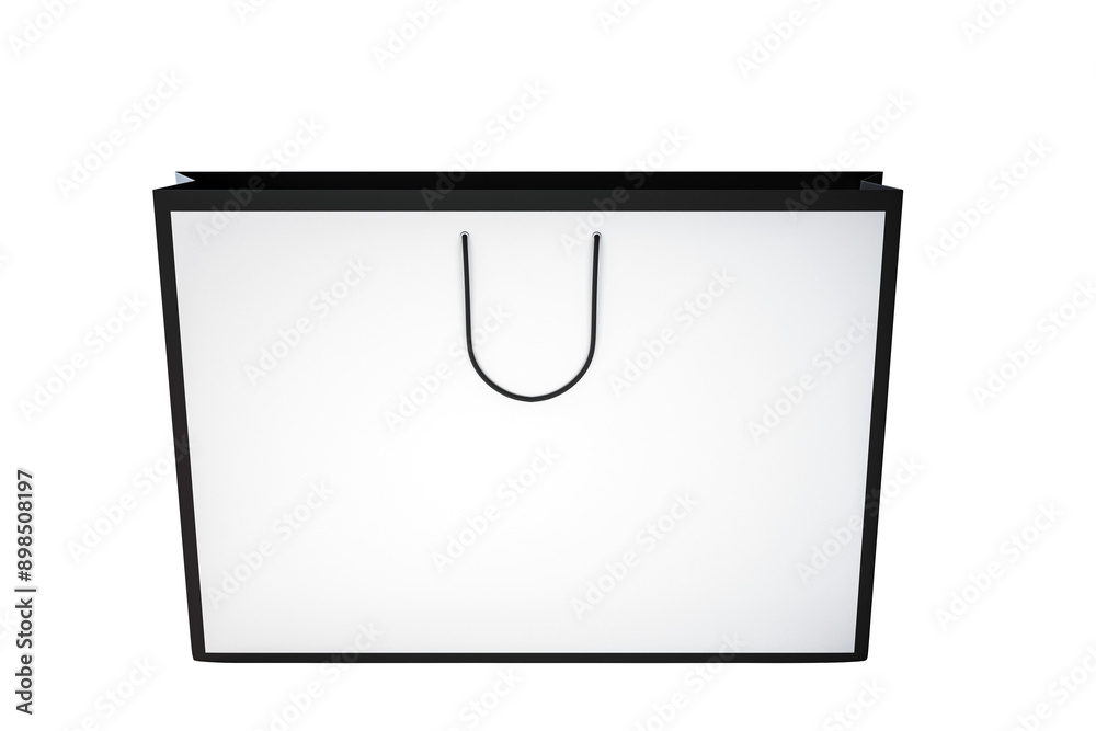 Poster blank black and white paper shopping bag with black handles isolated on a white background. minimali