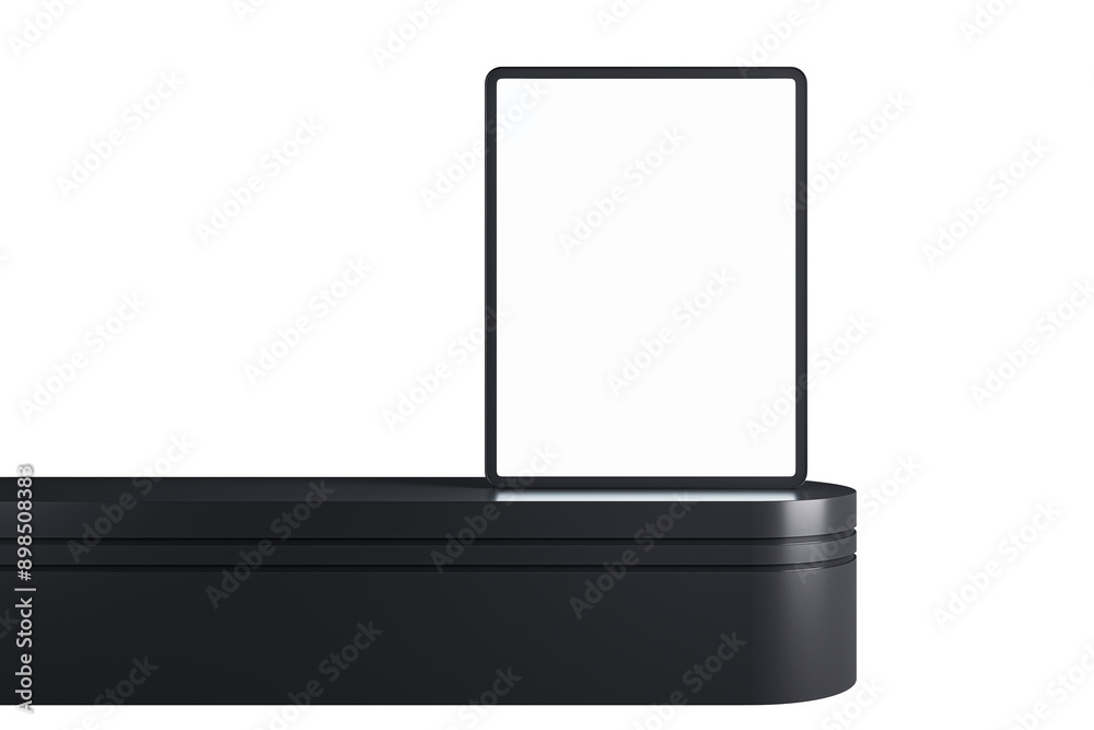 Aufkleber Digital tablet placed on a sleek black podium against a white background. Isolated setup ideal for showcasing technology concepts. 3D Rendering