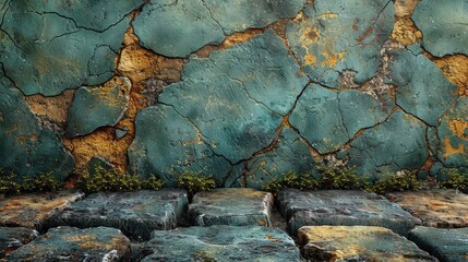 Fototapeta premium A wall with cracks and a green and brown color