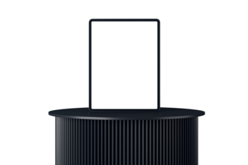 Digital tablet with a blank screen displayed on a black podium. Isolated on a white background. Concept for technology, branding, and device presentation. 3D Rendering