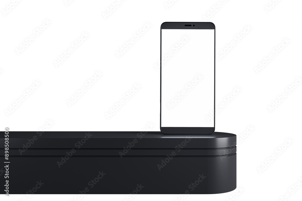 Aufkleber isolated smartphone with blank screen on a black podium, set against a white background. front view 