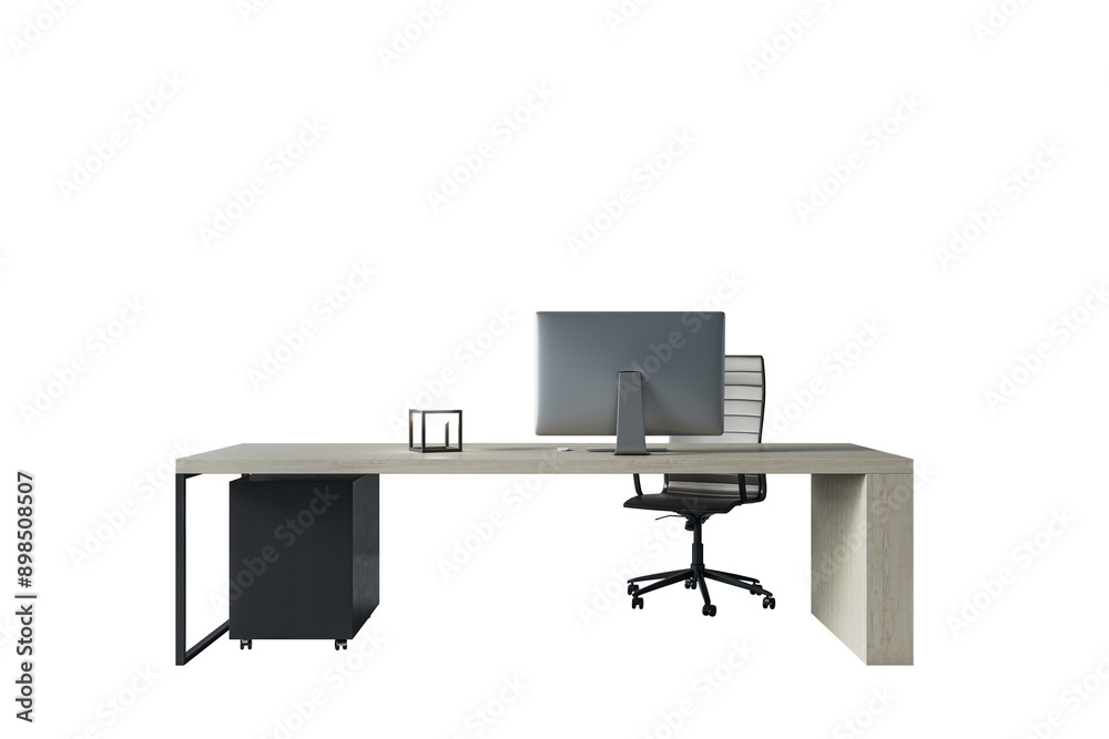 Poster modern office desk setup featuring a computer, chair, and lamp. isolated on a white background. conc