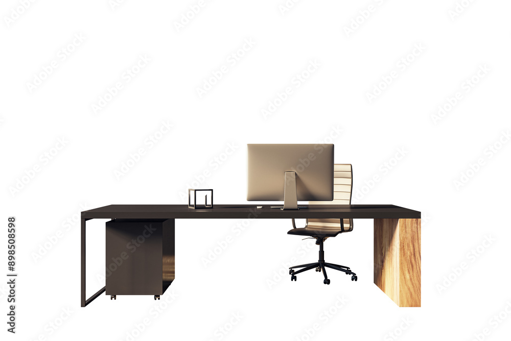 Poster Modern office desk setup with a computer monitor and ergonomic chair, isolated on a white background. Concept of workspace and office design. 3D Rendering