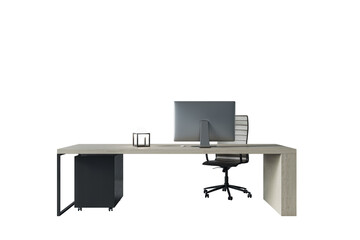 Modern office desk setup featuring a computer, chair, and lamp. Isolated on a white background. Concept of office furniture and workspace design. 3D Rendering
