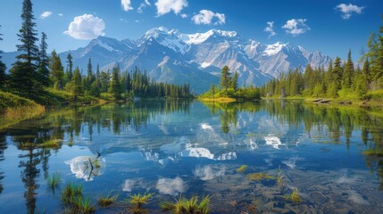 Fototapeta premium Serene Mountain Landscape with Majestic Peaks Reflected in Tranquil Lake