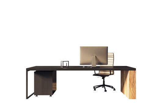 Modern office desk setup with a computer monitor and ergonomic chair, isolated on a white background. Concept of workspace and office design. 3D Rendering