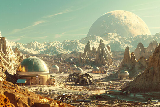 A photo of a colony on a habitable exoplanet showcasing futuristic architecture and space settlement infrastructure.