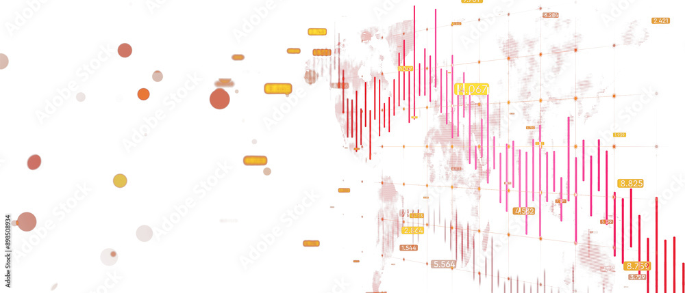 Poster 3D render of a declining financial data chart with red candlesticks and numerical data on a white background. Concept of financial crisis and market decline. 3D Rendering.
