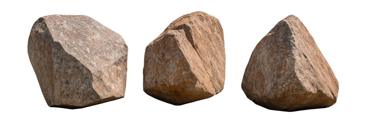 Fototapeta premium Three large, rough-hewn stones isolated on a white background. Ideal for construction, landscaping, or geology-themed projects.