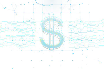 Digital dollar sign with a circuit pattern, on a white background. Concept of digital currency and technology. 3D Rendering