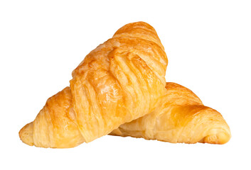 Side view of golden croissants in stack isolated with clipping path in png file format