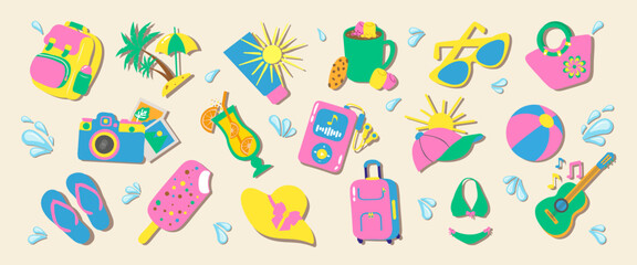 Collection Summer Minimalistic Stickers in Flat Style. Bright Beach icons. Hand drawn Holiday Beach elements for Tropical Vacation. Backpack, mug, guitar, sun, cap, camera, photo, palm, ice cream.
