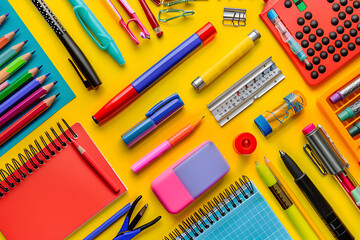 Photo of various school supplies. Objects include books, pencils, rulers, and notebooks, creating an educational and colorful theme. The background is ideal for educational and school promotions