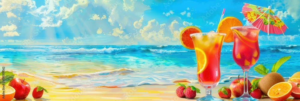 Poster two fruity cocktails with umbrellas sit on a sandy beach with a blue ocean and sky in the background