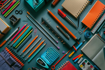 Photo of various school supplies. Objects include books, pencils, rulers, and notebooks, creating an educational and colorful theme. The background is ideal for educational and school promotions