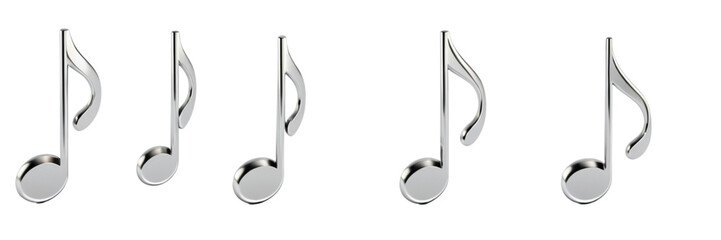 Five silver music notes on a transparent PNG background. Ideal for music-themed designs, websites, and educational materials.