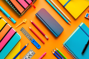 Photo of various school supplies. Objects include books, pencils, rulers, and notebooks, creating an educational and colorful theme. The background is ideal for educational and school promotions
