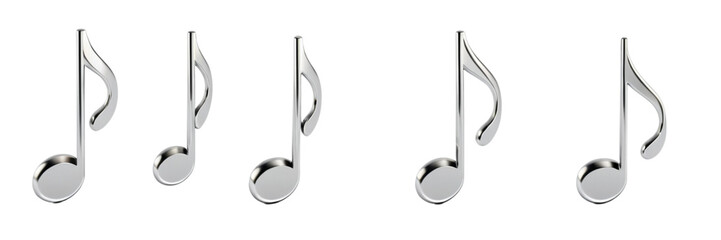 Five silver music notes on a transparent PNG background. Ideal for music-themed designs, websites, and educational materials.