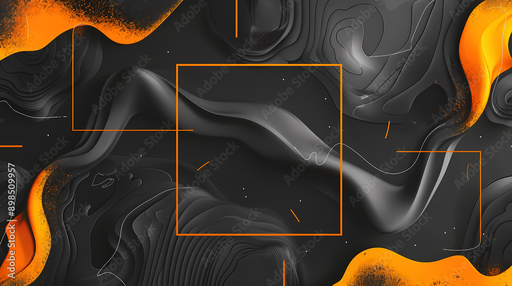 Wall mural Abstract flowing shapes in black and orange tones, featuring fluid curves and rectangular elements.