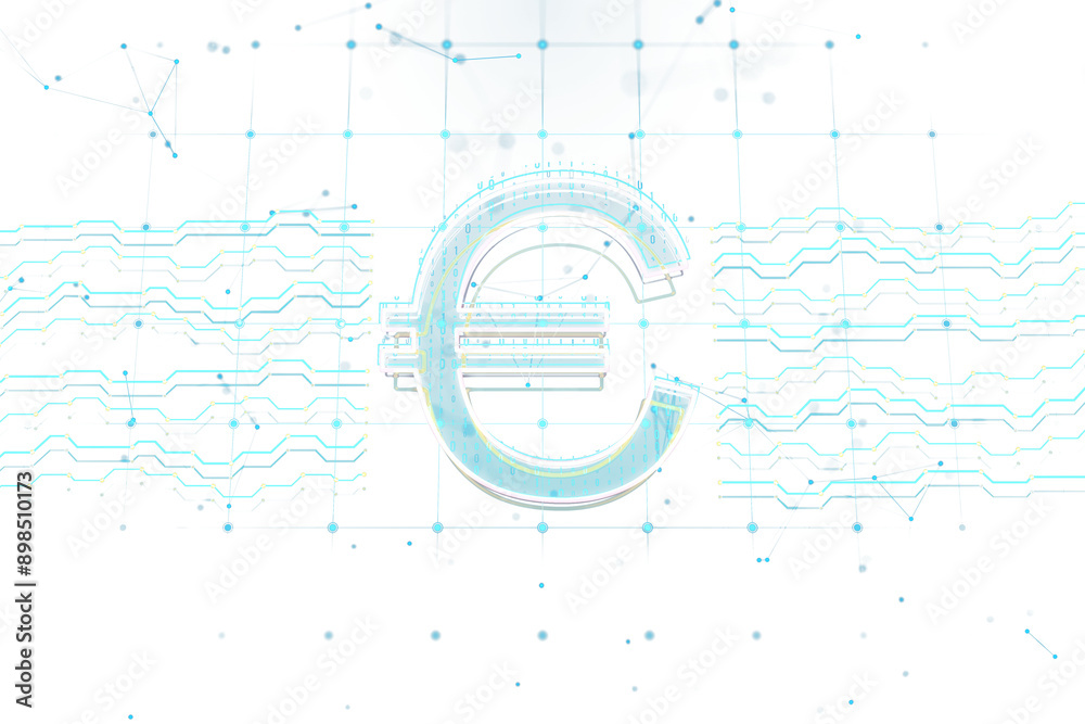 Poster Futuristic digital Euro symbol with circuit lines and binary code in a sleek, transparent design on a white background. Concept of digital currency. 3D Rendering