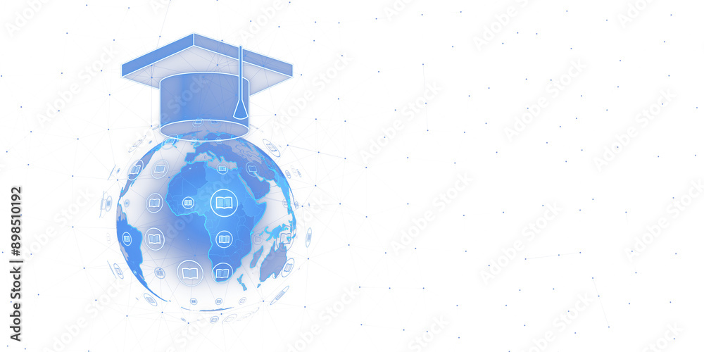 Poster a digital globe adorned with a graduation cap, featuring various educational icons, set against a wh