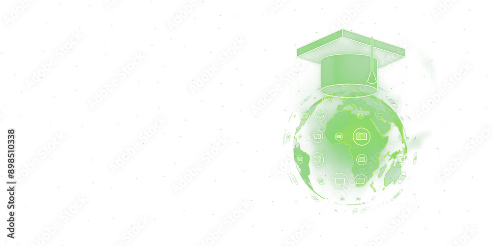 Poster image of a graduation cap placed on a globe with various education-related icons. the design is set 