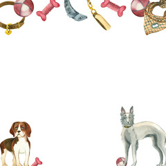 Square frame. Pet accessories, collars, leash, toys, dogs, beagle dog breed, windhound. All objects are hand-painted with watercolors. Suitable for printing on fabric, paper, packaging.