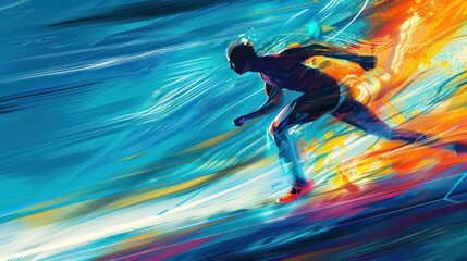 A man running in a painting with a blue background