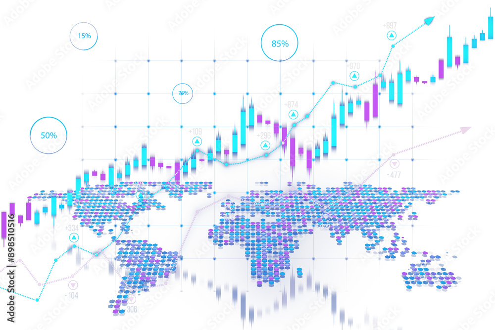 Poster digital illustration of a financial trading chart, showcasing global data trends and candlestick pat