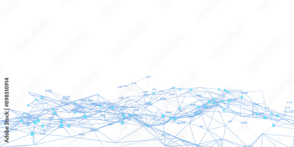 Aufkleber The image shows an abstract network of blue lines with data points and lock symbols. The background is white, representing a clean, isolated technology and data security concept. 3D Rendering