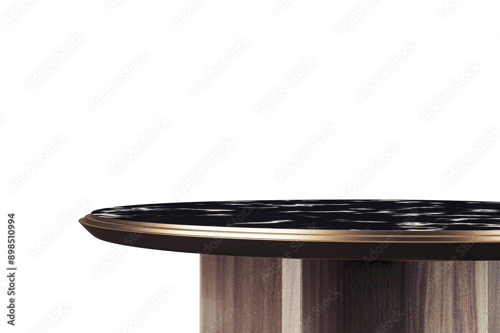 Aufkleber A modern round table with a black marble top and wooden base, isolated on a white background. Perfect for template design or branding mockup. 3D Rendering