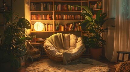 A cozy reading nook with a papasan chair,  shelves filled with books