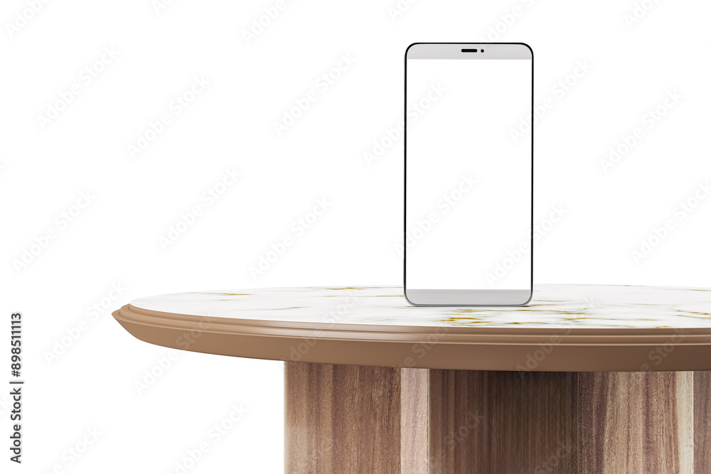 Poster Modern smartphone with a blank screen displayed on a marble table. Isolated on a white background. Concept of technology and product display. 3D Rendering