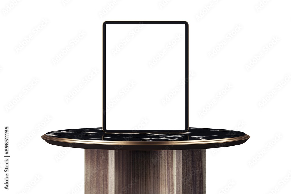 Poster digital tablet with a blank screen displayed on a modern wooden pedestal with a black marble top. is