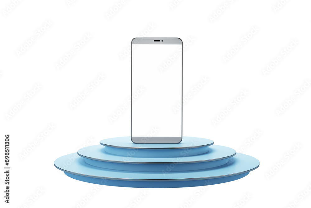 Poster smartphone displayed on a blue multi-tiered podium, isolated on a white background. modern technolog