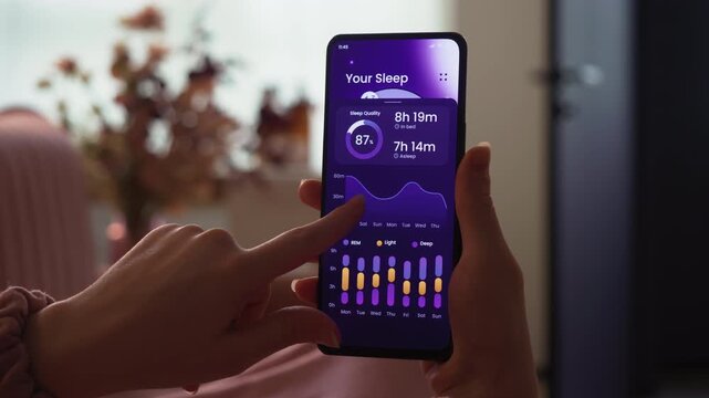 Tracking sleep information on a smartphone app Using the diagnosis app, analyze deep, light, and REM sleep data to determine its quality and quantity. Fictional Interface.